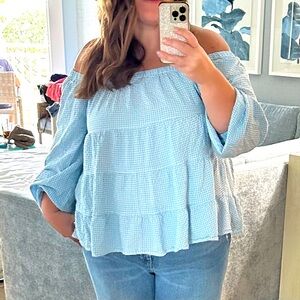 Blue and white checkered ChicSoul off the shoulder top